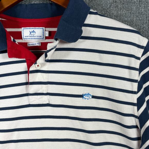 Southern Tide Polo Shirt Men's Large Red/White/Blue Striped Classic Fit Casual - Picture 3 of 10